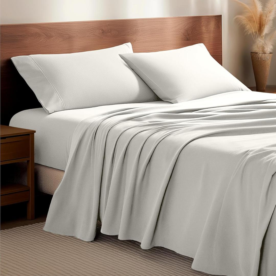 Bare Home Flannel Sheet Set 100% Cotton, Velvety Soft Heavyweight - Double Brushed Flannel - Deep Pocket (Queen, Cream)