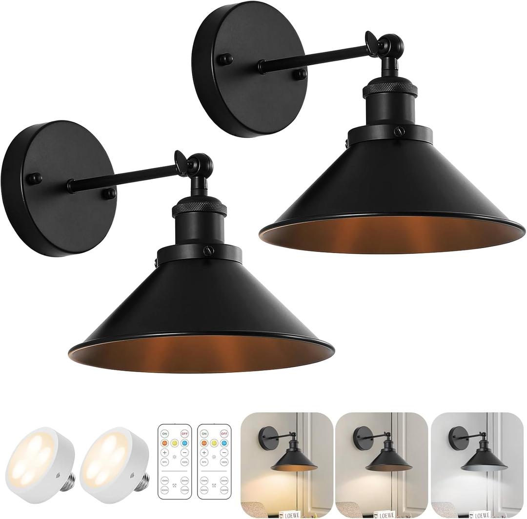 2 x Bailoch Black Vintage Wireless Battery Operated Wall Sconces, Industrial Cordless Battery Powered Led Wall Lights Set of 2, Wall Lamp Fixture Indoor with Remote Control for Bedroom Farmhouse Gallery