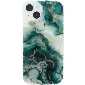 Premium Marble Pattern Case for The iPhone 14 and iPhone 13, Deep Green and White Design with Silver and Gold Leaf Accents, Impact-Resistant and with Magnets