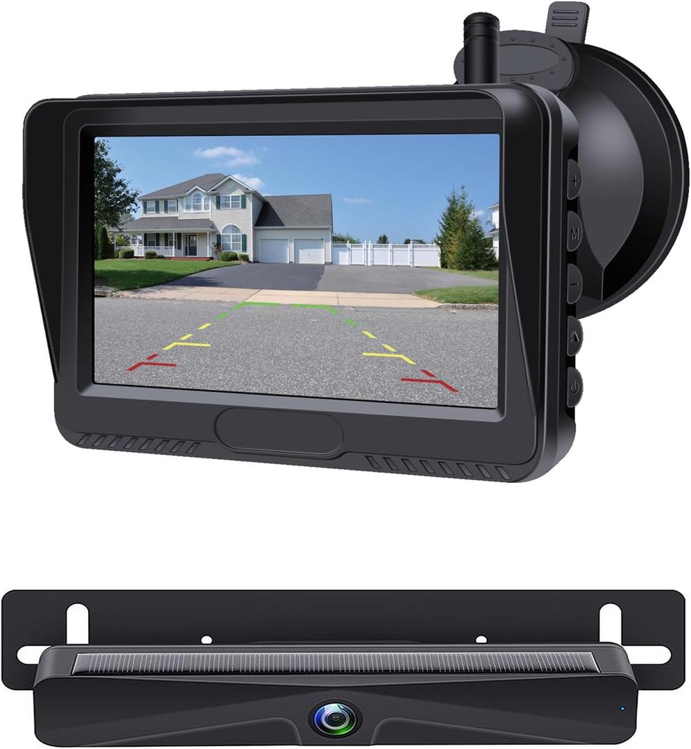 Solar Wireless Backup Camera with 4.3" Monitor, Reversing Camera USB Charger Port 4800mAh Battery Easy Installation Back Up Camera,Waterproof Reverse Camera for Car RV Van,SUV,Truck