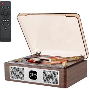 Retro Cd Player Can Rip to USB,Nostalgic Bluetooth CD Player for Home,Built-in Speakers with LCD Screen,Supports Coaxial/3.5mm/FM Radio with Remote Control-Wired Walnut Brown