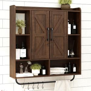 RUSTOWN Rustic Wood Wall Bathroom Cabinet, Farmhouse Medicine Cabinet Wall Mounted, Space Saving Wall Storage Cabinet with 2 Barn Door, 3-Tier Adjustable Shelves and Towel Bar(Dark Walnut)