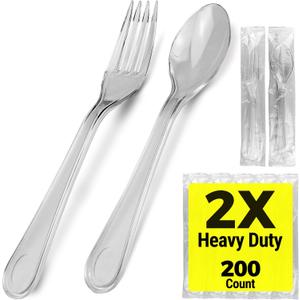 [200 Count] 2X Heavy Duty Clear Plastic Forks and Spoons Set Individually Wrapped, 100 Count Forks and 100 Count Spoons Disposable Silverware Set, Perfect for Event Catering, Party, and Take out.