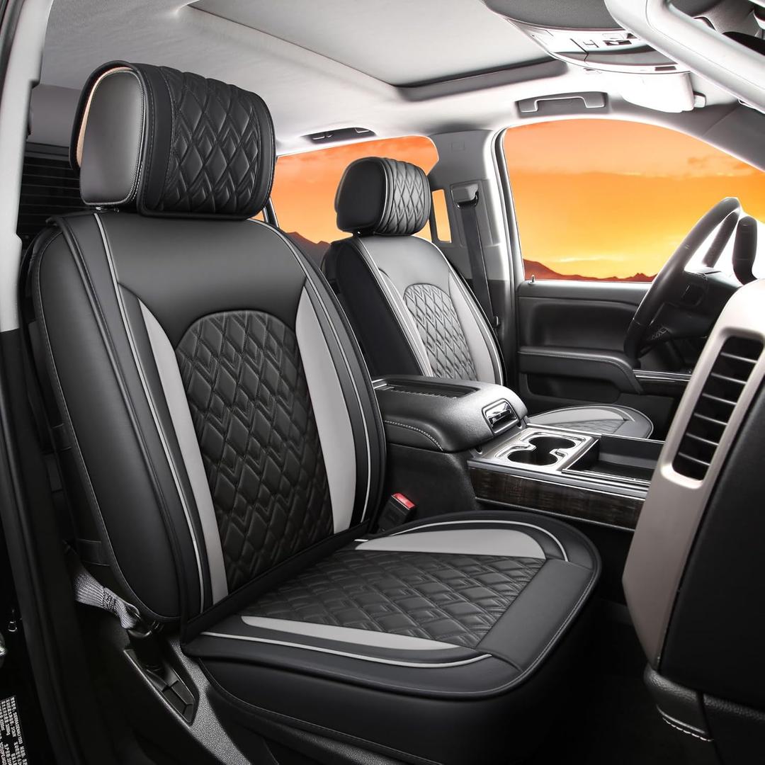 JOJOBAY Chevy Silverado Seat Covers,Leather Seat Covers for GMC Sierra,Custom Fit 2007-2024 1500 2500HD 3500HD Crew Double Extended Regular Cab,LT LZT RST Trail Boss(Front Pair,Black Grey)