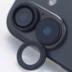 Camera Lens Protector for iPhone 16 / iPhone16 Plus Sparkling Glitter Tempered Glass Cover Metal Ring Bling Accessories (Black, for iPhone 16/16 Plus)