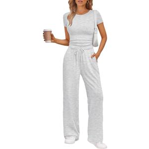 Trendy Queen 2 Piece Matching Summer Sweatsuit Lounge Set Womens Wide Leg Pants Side Ruching Crop Top Sets (Large, Oatmeal Grey)