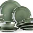 AmorArc Ceramic Dinnerware Sets for 4, 12 Pieces Handpainted Plates and Bowls Set, Scratch Resistant Stoneware Dishes Set, Dishwasher & Microwave Safe, Jade Green