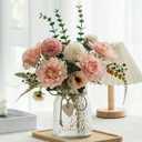 Fake Flowers with Vase, Faux Flowers in Vase for Home Decor, Silk Pink Dahlia Artificial Flowers with Vase for Coffee Table Decor, Living Room Bathroom Plant Decor, Centerpiece Table Decorations