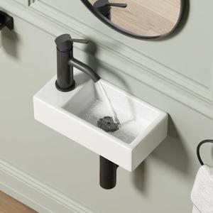 Small Wall Mounted Bathroom Sink, QISHKA 14.5" x 7" Ceramic Rectangular Wall Hung Vessel Sink White Wash Basin, Save Space for Mini Bathroom (Left Hand)