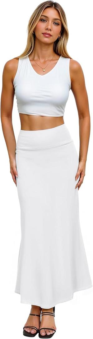 Hybrid & Company Women's Stretch Lightweight Flowy Maxi Skirt Casual Fold Over Waist, Made in USA (White, XXXL)