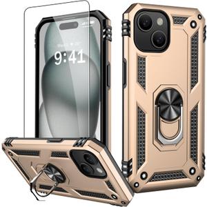 IKAZZ for iPhone 14 Plus Case 6.7 Inch with Screen Protector,Military Grade Shockproof Heavy Duty Protective Phone Cover Pass 16ft Drop Test with Magnetic Kickstand Car Mount Holder,Gold