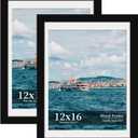 12x16 Picture Frame Set of 2, Wood Frame with Real Glass, Wide Border | Displays 11x14 with Mat or 12x16 without Mat, Horizontal or Vertical Wall Mount, Matte Black for Gallery Walls