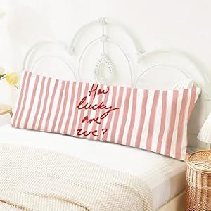 SNNDER How Lucky are We 20x54 Body Pillow Cover with Zipper, Preppy Room Dorm Decor, Retro Trendy Pink Striped Inspirational Decorative Long Hug Pillow Cases for Bed Couch