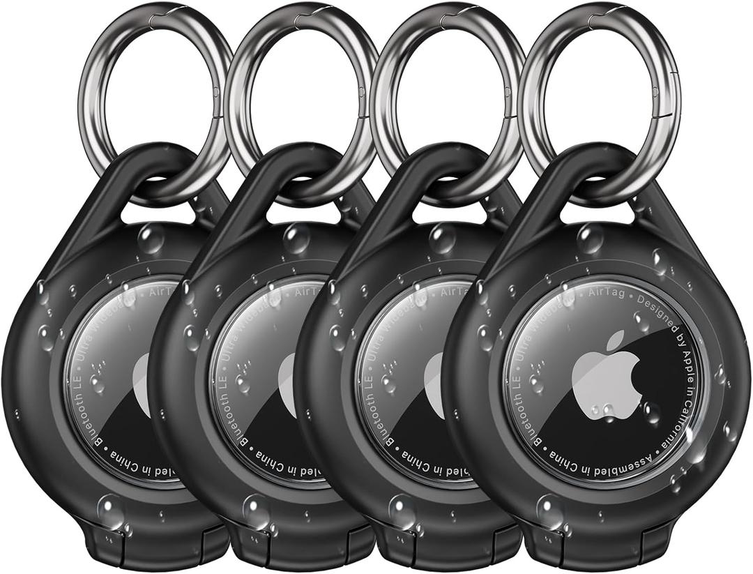 Waterproof Airtag Holder - 4 Pack Airtag Keychain Holder Compatible with Apple AirTags, Ultra Durable Anti-Scratches Protective Case with Keyring for Luggage, Backpack, Pet, Bag, Black