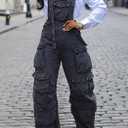 YOOTIKO Women Denim Overalls Jean Jumpsuit Cargo Pants Baggy Straight Leg Bib Jean Romper Streetwear (Black, XXL)