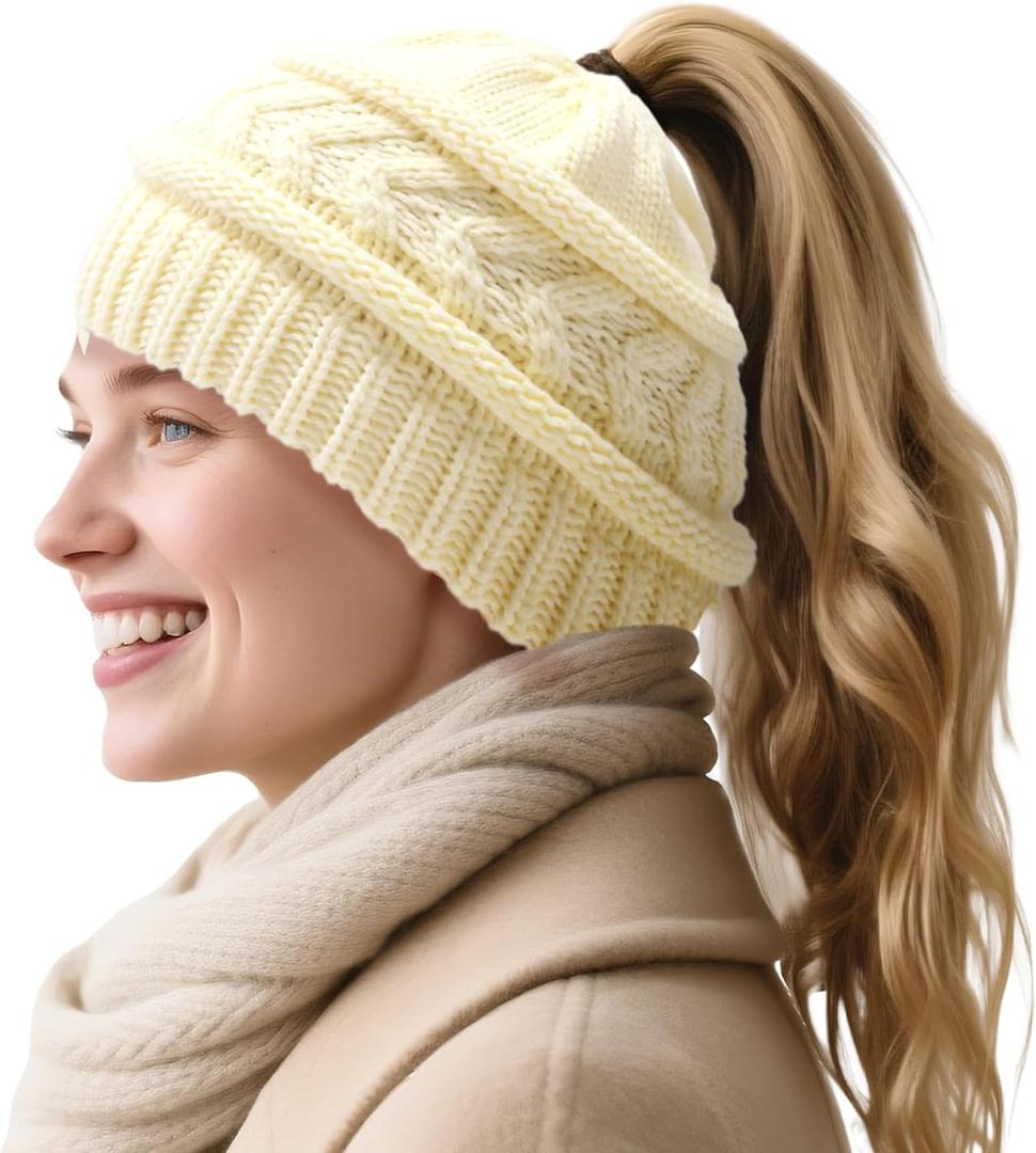 2 x PFFY Beanie Hat for Women Winter Warm Knit Beanies Hats Skull Cap (Beige (Ponytail))