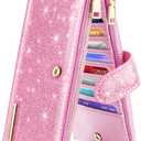 Coco Rossi Womens RFID Blocking Glitter Leather Multi Card Organizer Bifold Black Wallet with Zipper Pocket, Pink Glitter