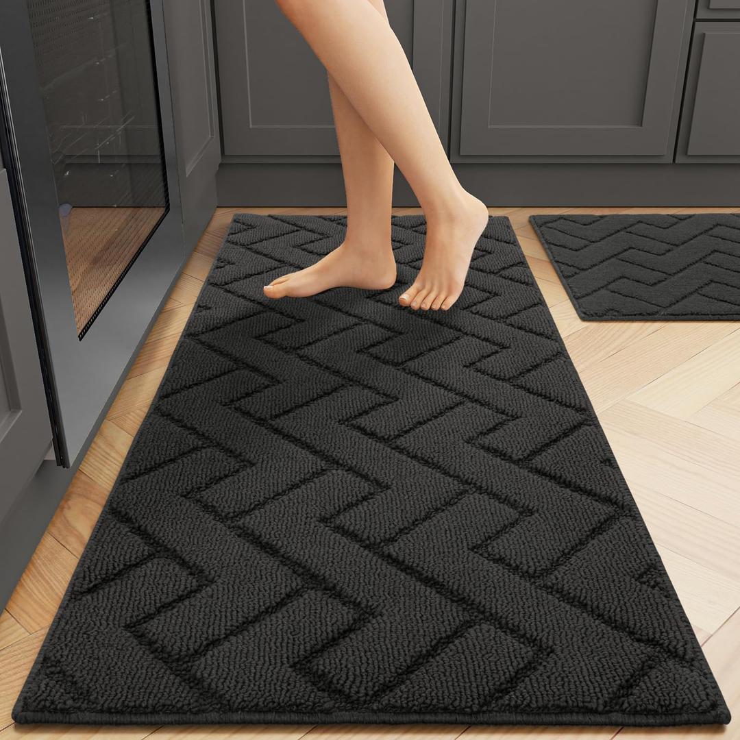 hicorfe Kitchen Runner Rugs and Mats Sets,2 Pieces Absorbent Polypropylene Non-Slip Rug,Soft Comfort Floor Mat,Machine Wash for Kitchen,Hallway,Office,Sink,Laundry(20"x48"+20"x32",Charcoal)