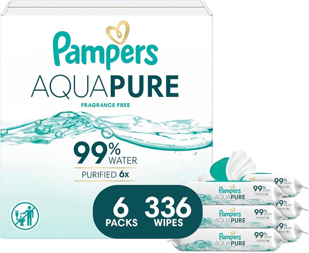 Pampers Aqua Pure Baby Wipes, 99% Water, Fragrance Free, 336 Baby Wipes Total (6X Flip-Top Packs) [Packaging May Vary]