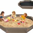 Wooden Octagonal Sandbox with Cover, Outdoor Sandpit with 4 Bench Seats, Sand Box for Children, Beach for Backyard, Patio, Garden (Coffee), 78 inches x 82 inches x 8.5 inches