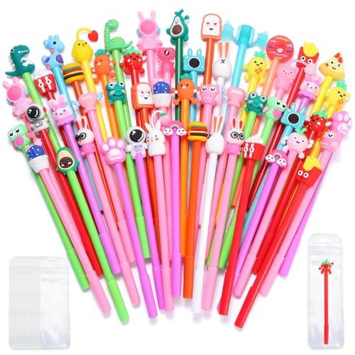TOEMUR 140 Pcs Cute Pens Set - 70 Fun Character Pens Bulk with 70 Pen Bags, Animal & Cartoon Gel Pen for friends, Office, Birthday & Christmas Gifts, Party Favors (Colorful)