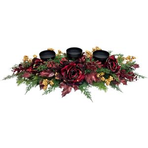 Christmas Candle Holder Xmas Decorations 3 Candle Holders with Burgundy Roses Golden Berries Pine Needles Long Floral Candelabra for Dining Table Mantle and Fireplace Decor