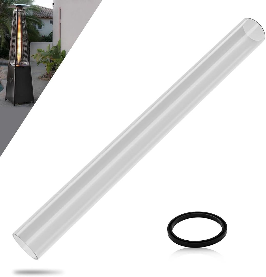 Patio Heater Glass Tube Replacement Parts, 49.5" Tall 4" Diameter, Quartz Glass Tube with Neoprene Support Ring, Compatible with 4-Sided Pyramid Flame Outdoor Heater for Hiland, Fire Sense