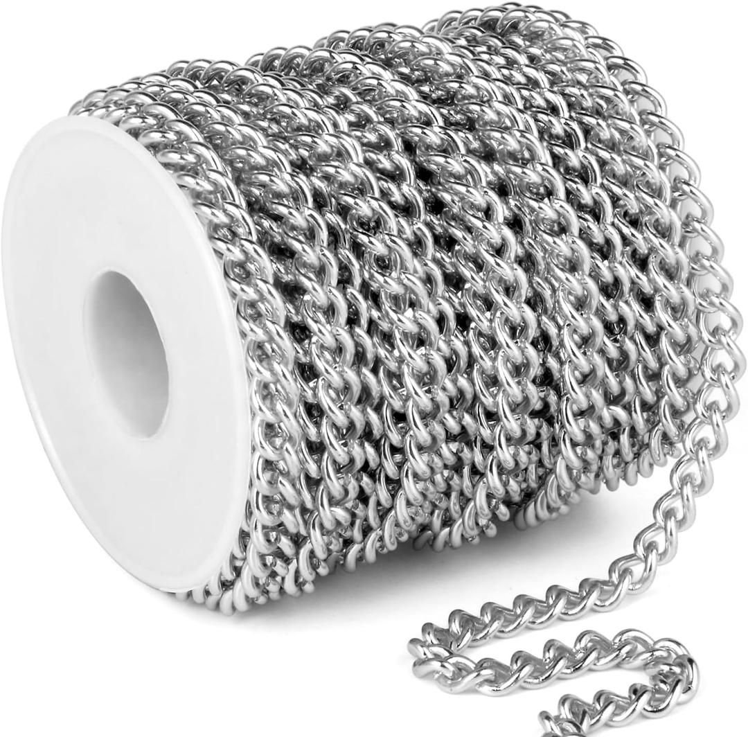 33FT Stainless Steel Curb Chain Roll, 6mm 304 Stainless Steel Flat Twisted Links Curb Chains Bulk Spool for Jewelry Making Necklace DIY Craft (6.0mm width)