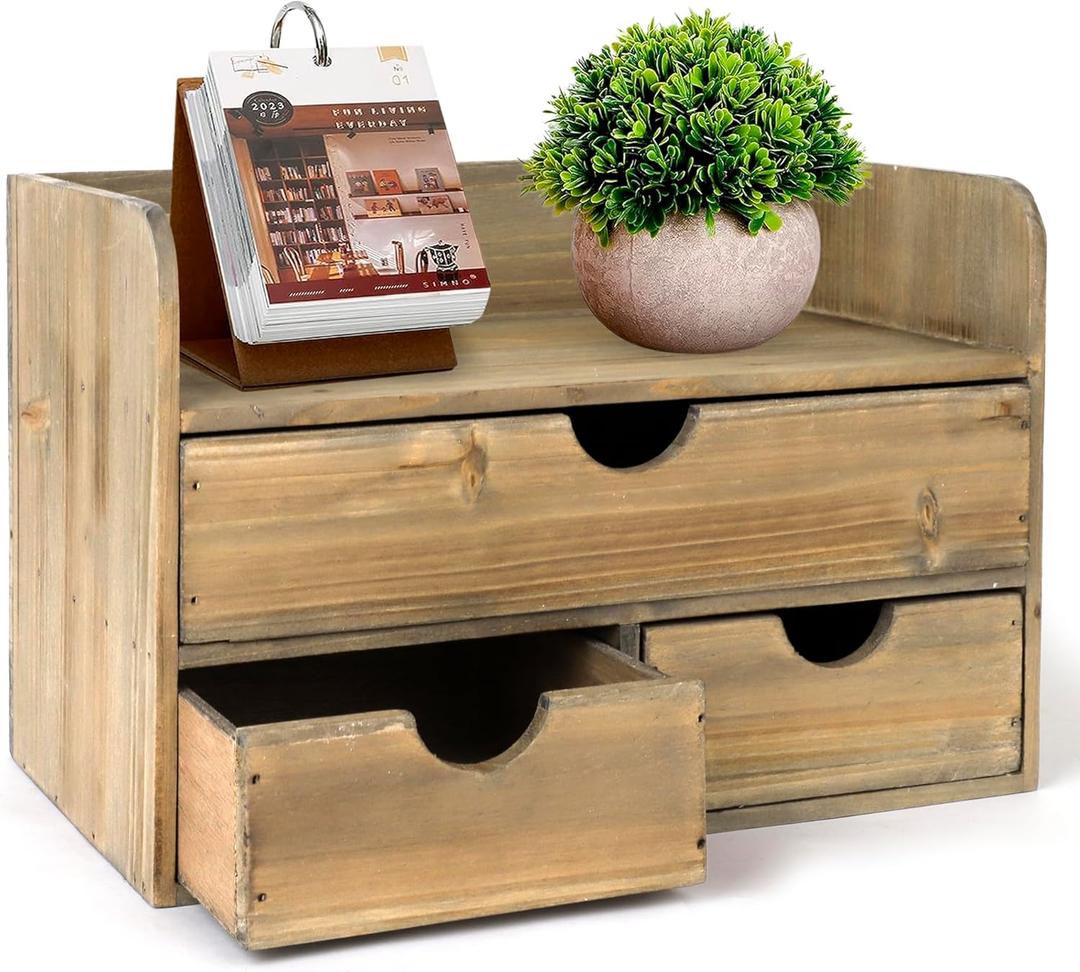 Besti Wooden Office Desk Organizer - Organizing Tool for Desktop, Cubicle, Bedroom, Kitchen - Vintage Style Organization Caddy with Top Tray Shelf & 3 Drawers - 13.6x9x7 Inches (Rustic Burnt)