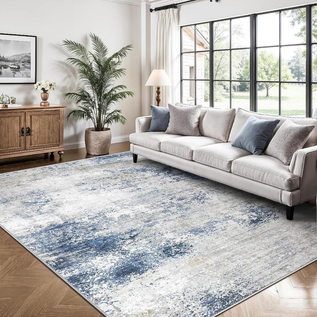 5x7 Area Rugs, Abstract Modern Ultra Soft Washable Rug, Non Slip Carpet with Rubber Back Stain Resistance Rugs for Living Room, Bedroom, Dining Room Decor(Blue & White)