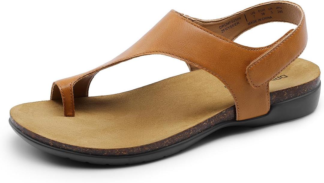 DREAM PAIRS Women's Comfortable Cork Footbed Arch Support Sandals Casual to Dressy Thong Walking Flat Sandals for Summer (9, Tan)