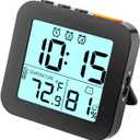 Linoutx Digital Alarm Clock, Battery Operated Desk Clock with 3 Bells, Small and Light Travel Clock with Temperature, Portable Clock with Humidity, Snooze, 12/24H Display for Heavy Sleepers (Black)