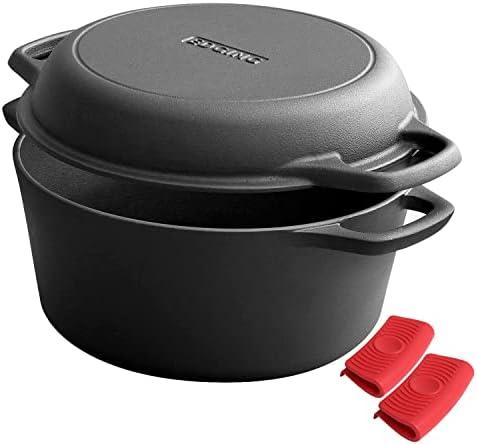 EDGING CASTING 2-in-1 Pre-Seasoned Cast Iron Dutch Oven Pot with Skillet Lid Cooking Pan, Cast Iron Skillet Cookware Pan Set with Dual Handles Indoor Outdoor for Bread, Frying, Baking, Camping, BBQ, 5QT