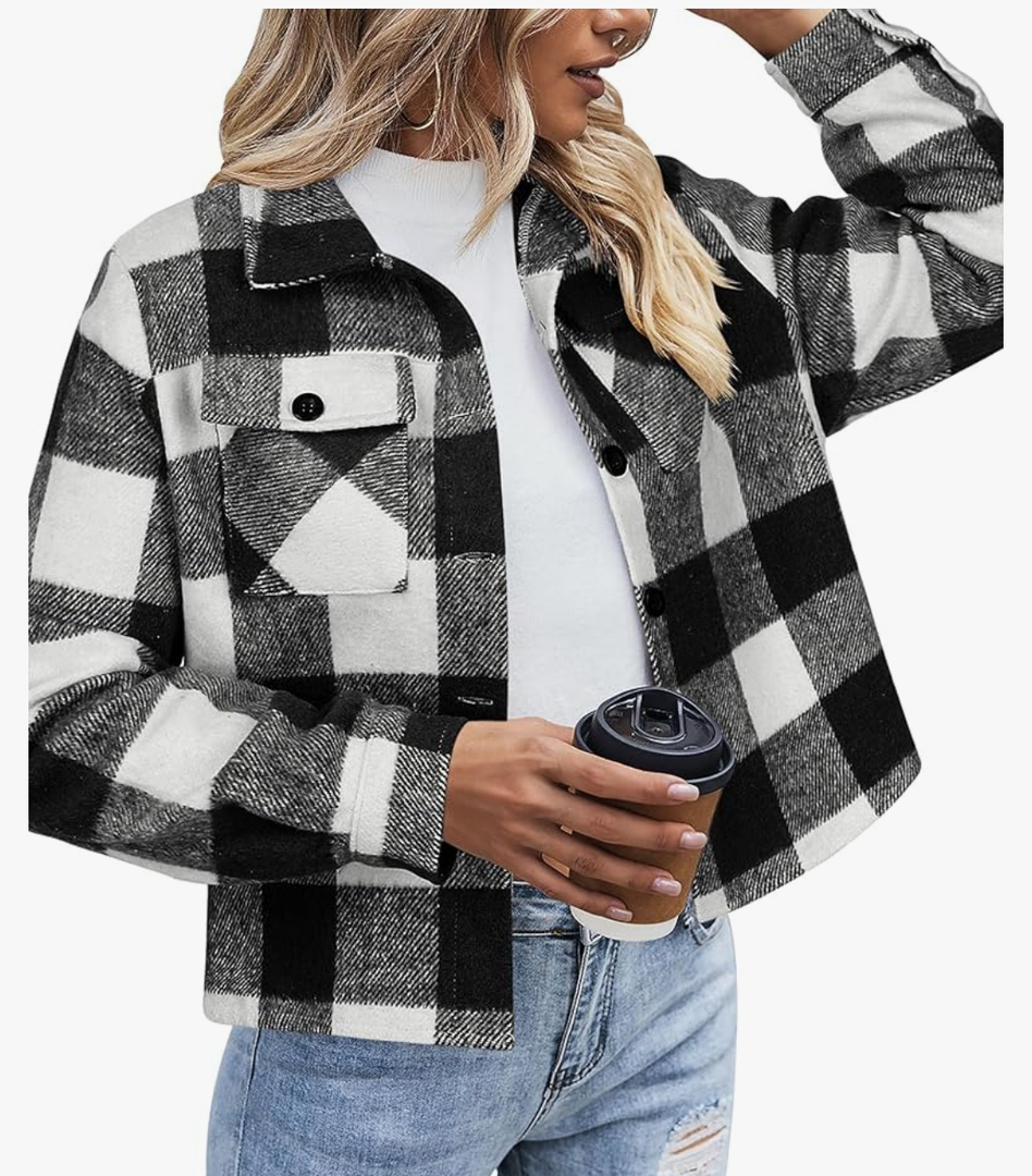 Zeagoo Flannels for Women Cropped Shacket Jacket Fashion Plaid Button Down Shirt 2025 Fall Coat Tops 2XL