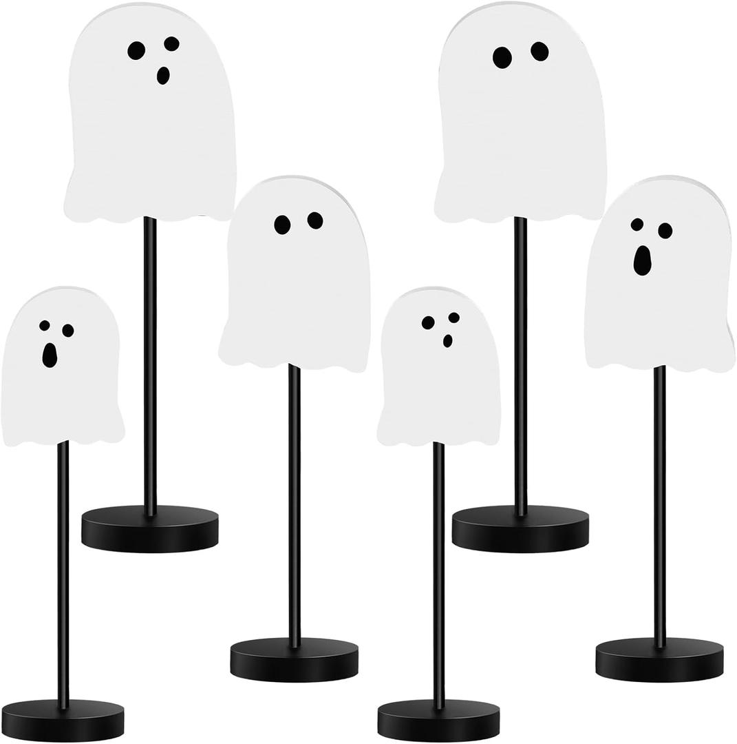 6 Pcs Halloween Table Decorations Cute Ghost Wooden Signs Halloween Tiered Tray Decor White Ghost Spooky Table Centerpiece Tall Block Sign for Party Home Mantel Shelf Room Decor