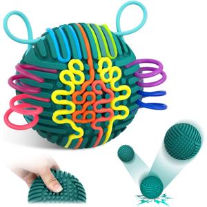 ddLUCK Sensory Activity Ball, Silicone Fidget Toys for Autism, ADHD, Stress & Anxiety Relief, 10 Colors Silent Calming Travel Play Fidgets Toy Balls for Kids 3+ & Adults with 20 Strings (Green)