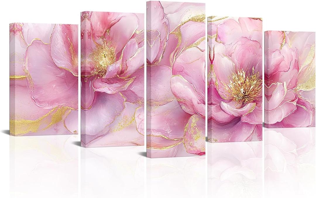 RyounoArt Pink and Gold Flower Wall Art Peony Flower Canvas Picture Painting Pink Floral Artwork for Bathroom Bedroom Wall Decor Framed Medium