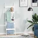 Blanket Ladder, 5-Tier Towel Holder with 4 Removable Hooks, Farmhouse Wall Leaning Decorative Rack Shelf, Wooden Towel Display Rack, Quilt Ladder for Living Room, Bedroom, White