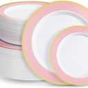 100PCS Pink Disposable Plastic Plates Include 50PCS 10.25inch Dinner Plate and 50PCS 7.5inch Dessert Plate Heavy Duty Plastic Dinnerware for Party Wedding Anniversary New Year