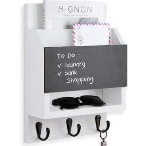 Key and Mail Holder for Wall, Key Holder with Chalkboard and Long Storage Box, Key Hanger with 3 Sturdy Hooks for Coat, Dog Leash, Entryway Mail Organizer (White)