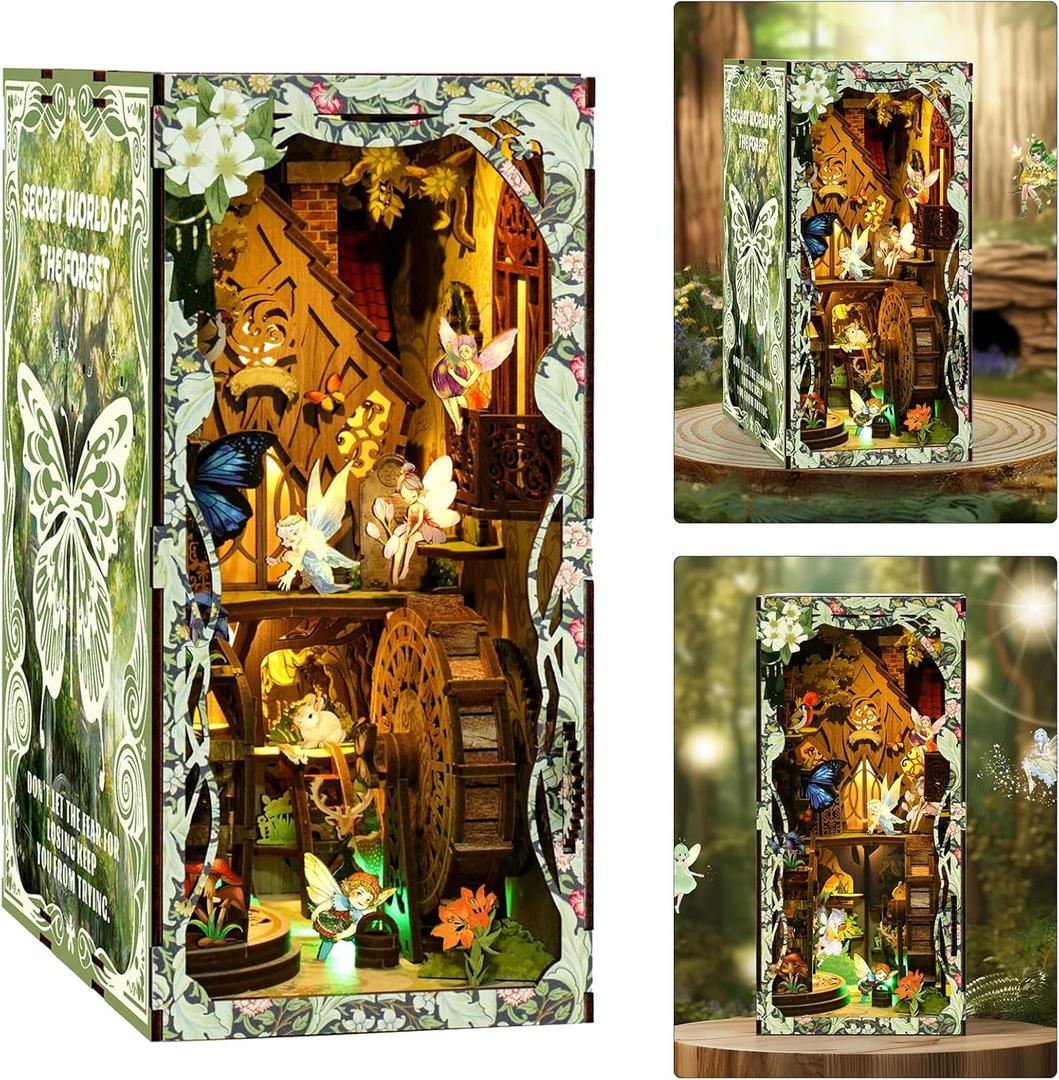 ISSEVE Book Nook Kit, DIY 3D Wooden Puzzle Dollhouse Booknook for Adults, Tiny Miniature House Kit Bookshelf Decor with LED Light and Dust Cover, Gifts for Family and Friends (Forest Secret World)