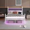 CLIBFENG Full Size Bed Frame with Headboard and Footboard,Steel Slats Support-LED Bed Frame with USB Charging Station,Mattress Foundation-Under Bed Storage,No Box Spring Needed,Noise Free,White