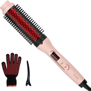 Infrared Thermal Brush, Dual Voltage Negative Ions Heated Round Brush, 1 1/2 Inch Straightener & Curling Iron Brush 2 in 1, Dual PTC Non-Blowing Thermal Round for Wome, Pink