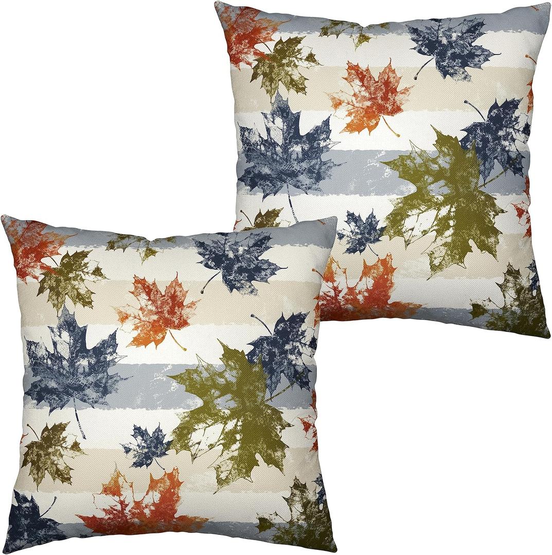 2 Pack Thanksgiving Maple Leaves Pillow Covers Colorful Leaf Pillow Cases Blue White Striped Throw Pillow Covers Fall Cotton Linen Farmhouse Pillow Covers for Living Room Patio Outdoor 20x20