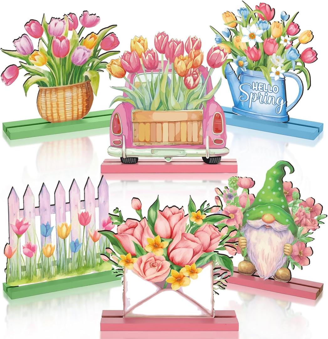 Barydat 6 Pcs Spring Wooden Table Decor Farmhouse Wood Signs Gnome Floral Truck Wooden Plaque for Party Hello Spring Table Centerpiece Decor for Home Kitchen(Flower)