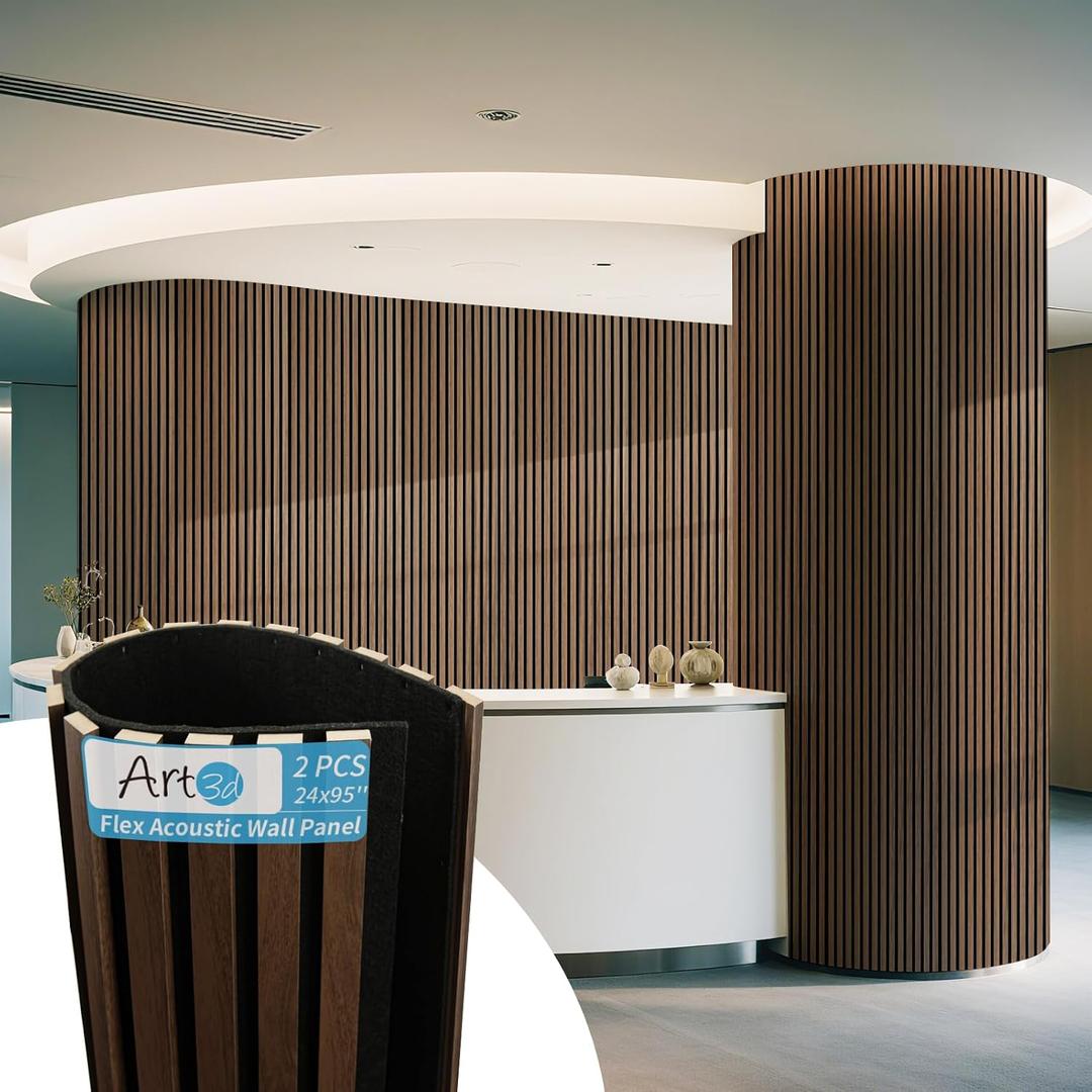 Art3d 2-Pack Acoustic Wood Slat Wall Panel with Roll-Flat Design - 95.3 x 23.8 Inch Sound Absorbing Panels for Living Room Columns Corridor Curved Wall Decor, Walnut