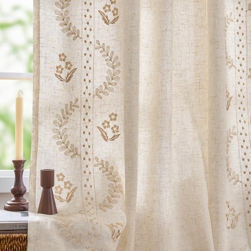 jinchan Belrose Lined Linen Blend Curtains Boho Floral Curtains for Bedroom 96 Inch Length Beige Embroidered Drapes Rod Pocket Farmhouse Flower Drapes for Living Room Window Treatments Set 2 Panels