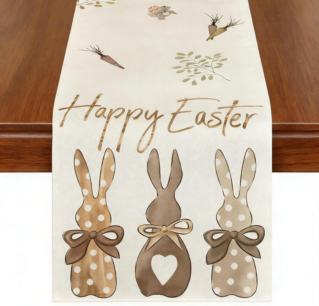 Carrots Rabbit Bunny Happy Easter Table Runner, 13 x 72 Inch, Spring Summer Seasonal Holiday Kitchen Dining Table Decoration for Indoor Outdoor Home Party Decor (Gray Rabbit)