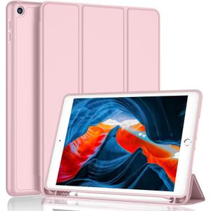 iMieet iPad 9th Generation Case 2021/iPad 8th Generation Case 2020 10.2 Inch with Pencil Holder, iPad 7th Gen 2019 Case with Soft Baby Skin Silicone Back, Auto Wake/Sleep Cover (Pink)