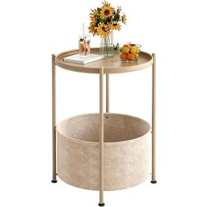Small Round Side Table with Felt Storage Basket, Metal End Table with Removable Tray and Adjustable Feet, Accent Table for Nursery, Bedroom, Living Room, Laundry Room, Gold
